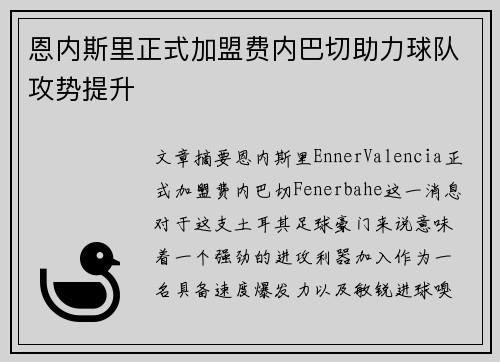 恩内斯里正式加盟费内巴切助力球队攻势提升